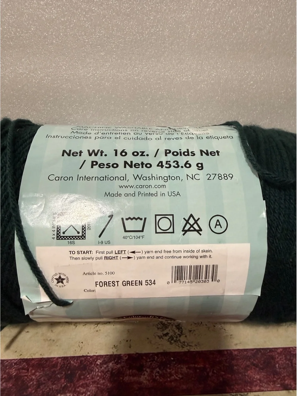 Caron One Pound Yarn Forest Green 534 16 oz 100% Acrylic Made USA